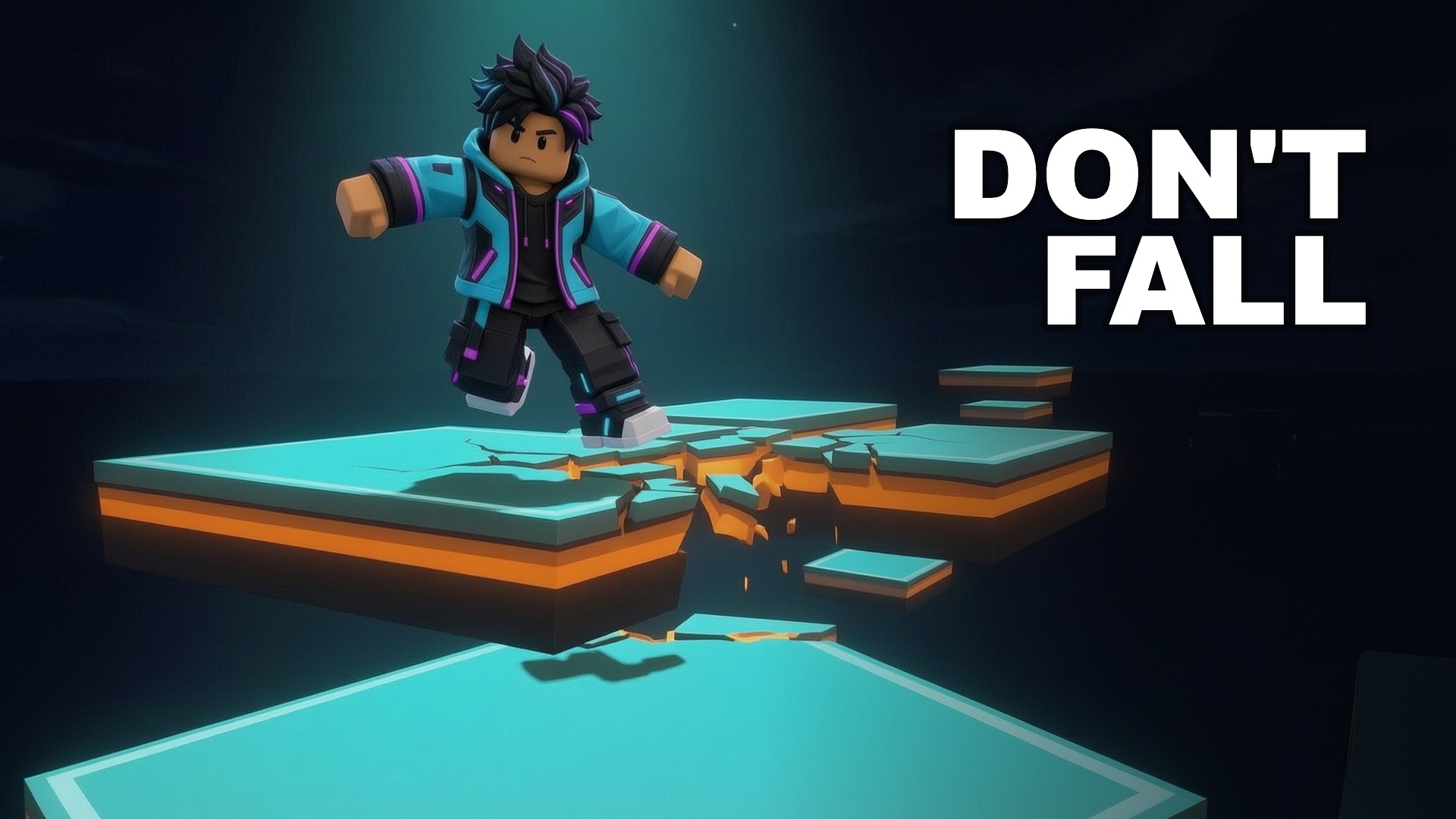 Fictional Sky Arena thumbnail concept led by a large block-style character beside the headline Don't Fall