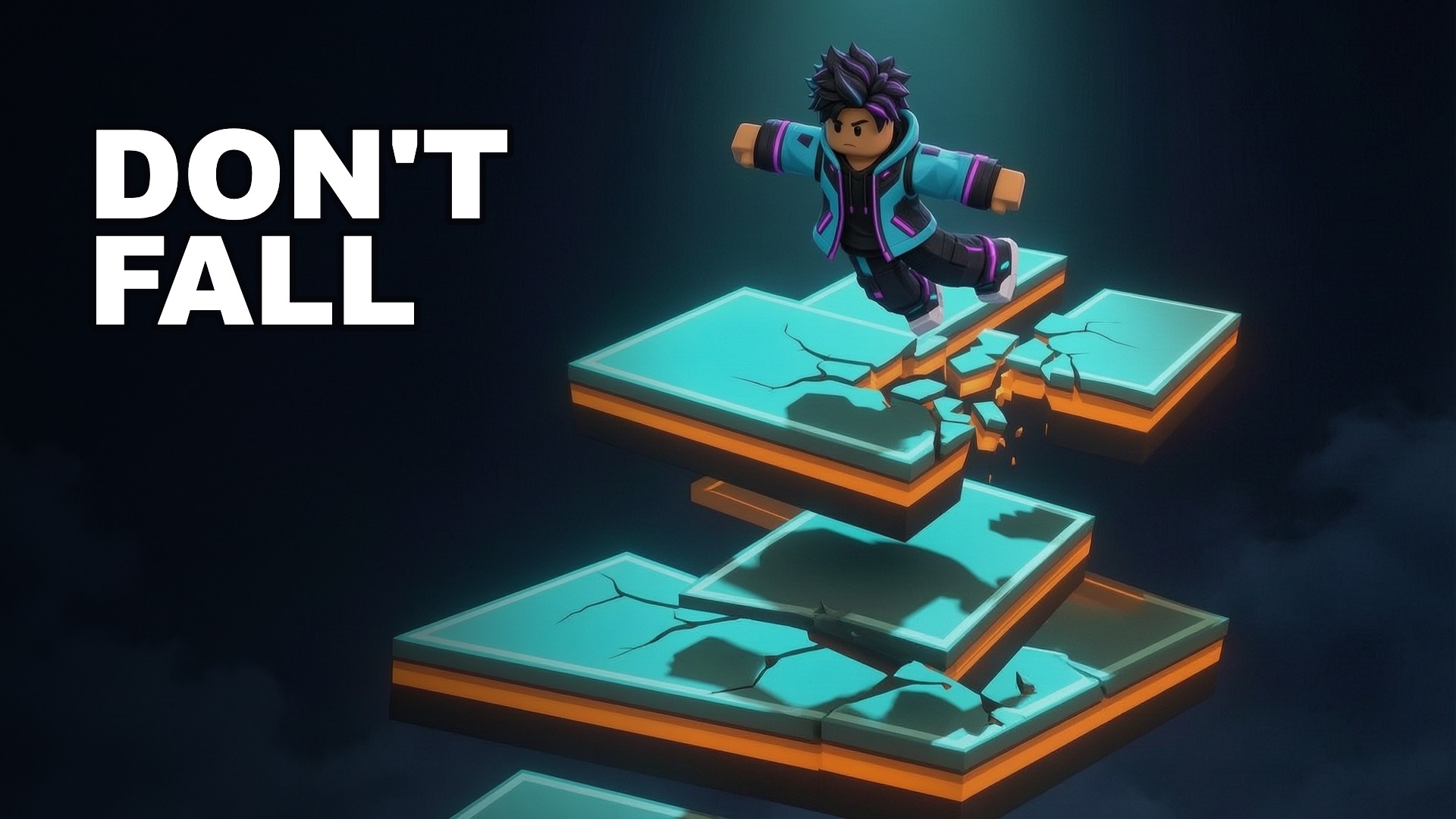 Fictional Sky Arena thumbnail concept with a block-style character jumping above cracked cyan platforms and the headline Don't Fall