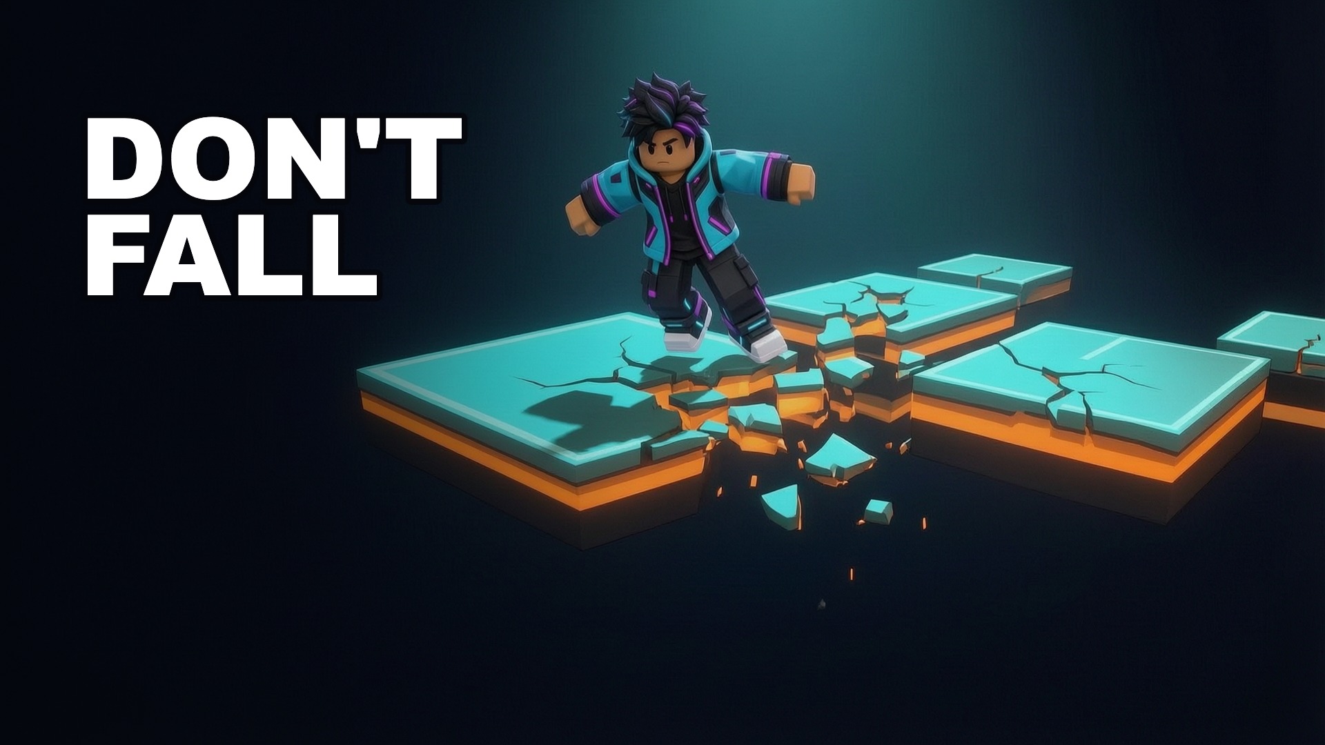 Fictional Sky Arena thumbnail concept centered on a block-style character balancing on a fractured cyan platform