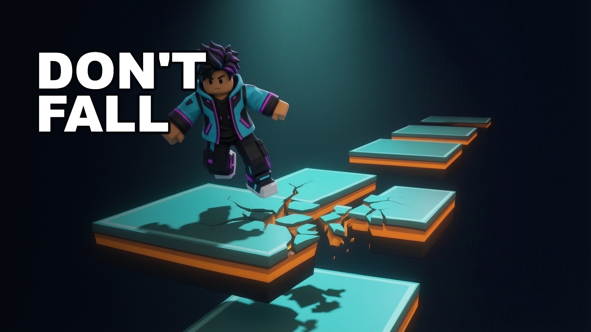 Fictional Sky Arena thumbnail concept revealing a path of floating cyan platforms behind a jumping block-style character